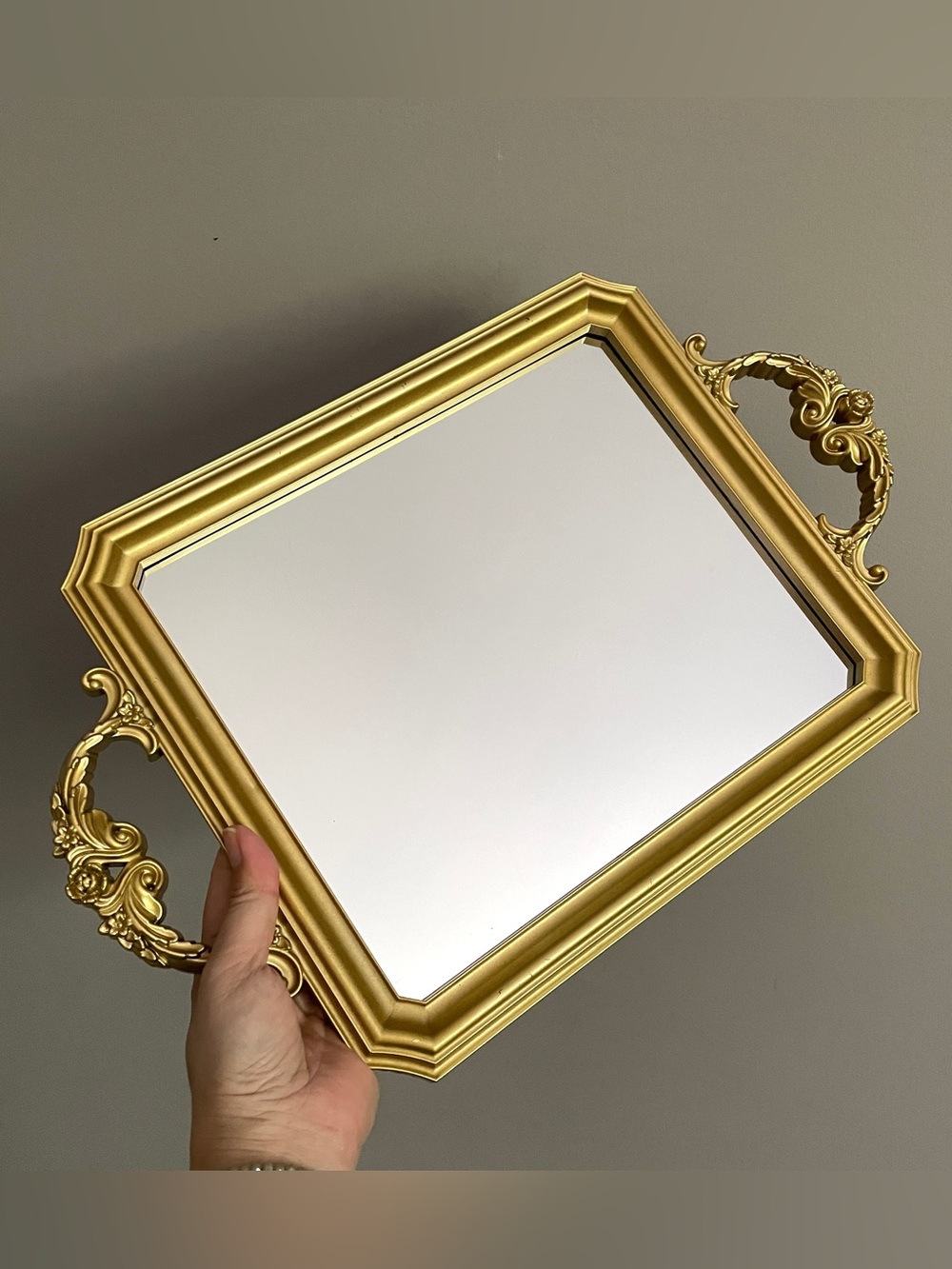 Vintage Inspired Gold Plastic Mirrored Rectangular Vanity Tray w/ Handles